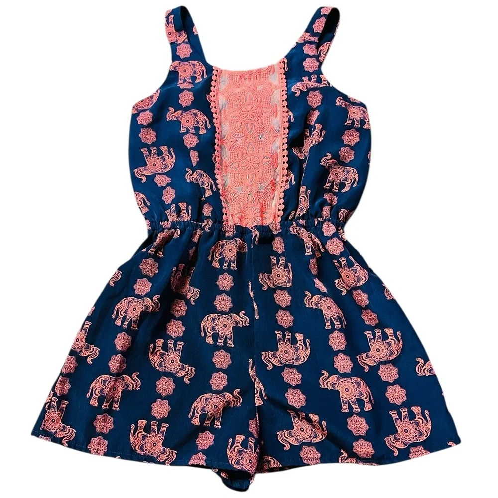 Lily Bleu Navy and Pinkish Orange Elephant Print Romper Girls Size 8